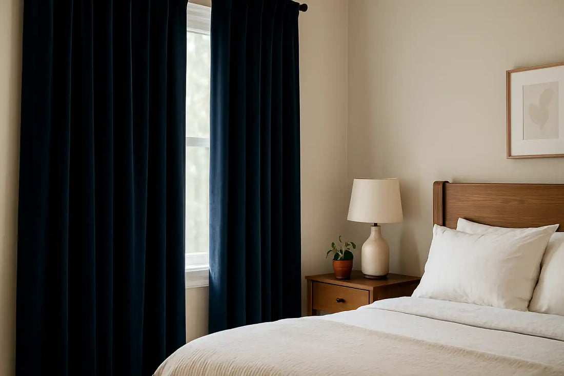 bedroom interior with navy velvet blackout curtains and wooden furniture