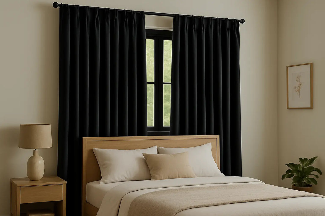 bedroom interior with blackout curtains creating a dark, restful atmosphere
