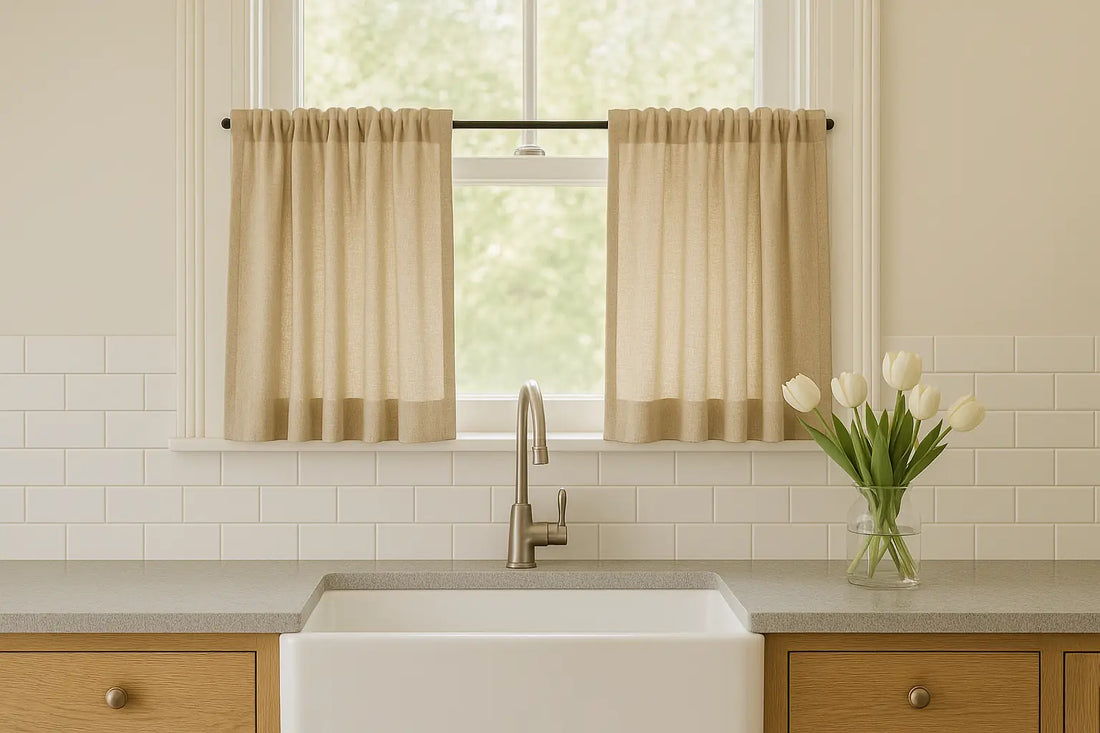 Beige linen cafe curtains on a sunlit kitchen window above a farmhouse sink with oak cabinets and a vase of white tulips