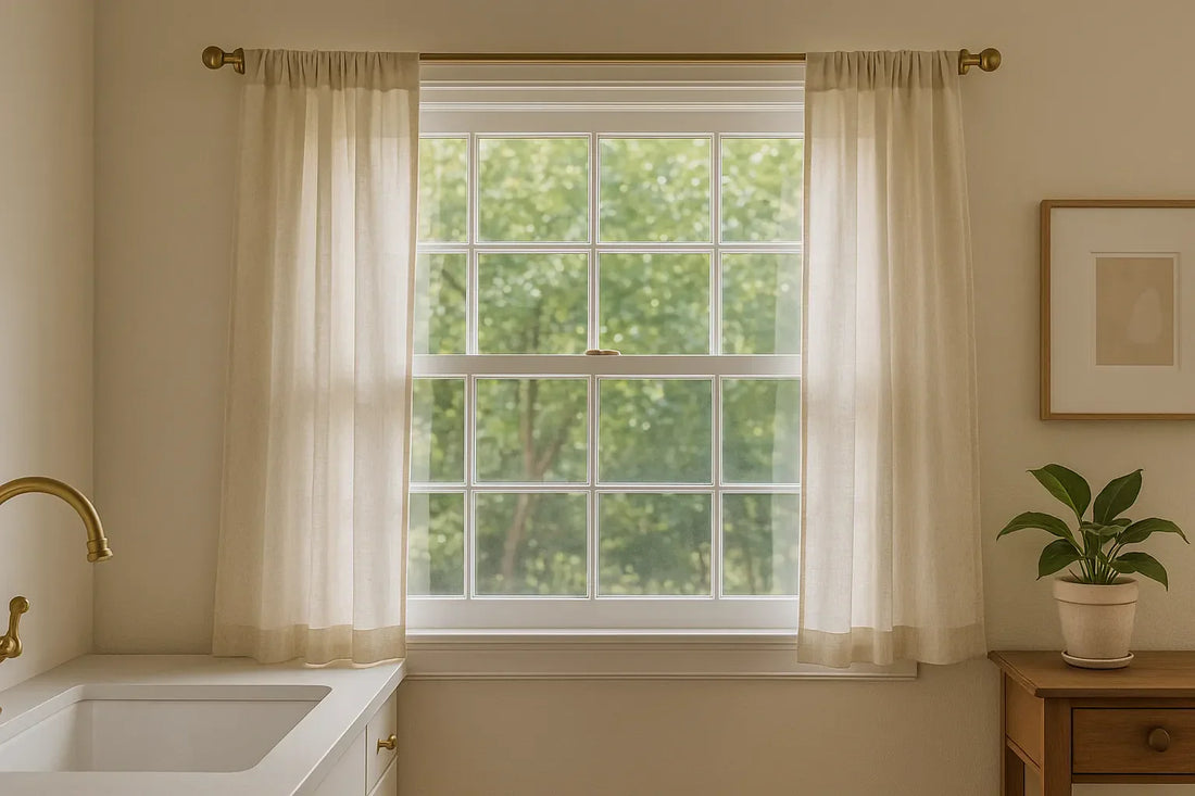 cover image of sunlit room with linen cafe curtains on window