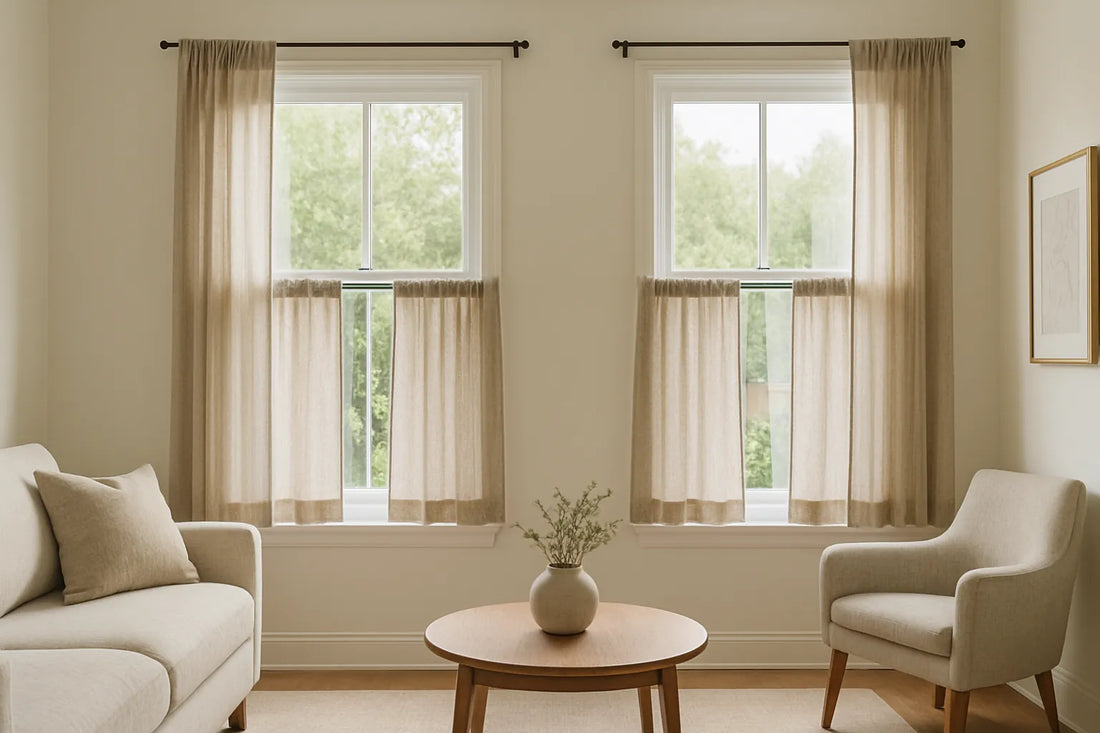 living room with large windows framed by beige cafe curtains and minimalist decor