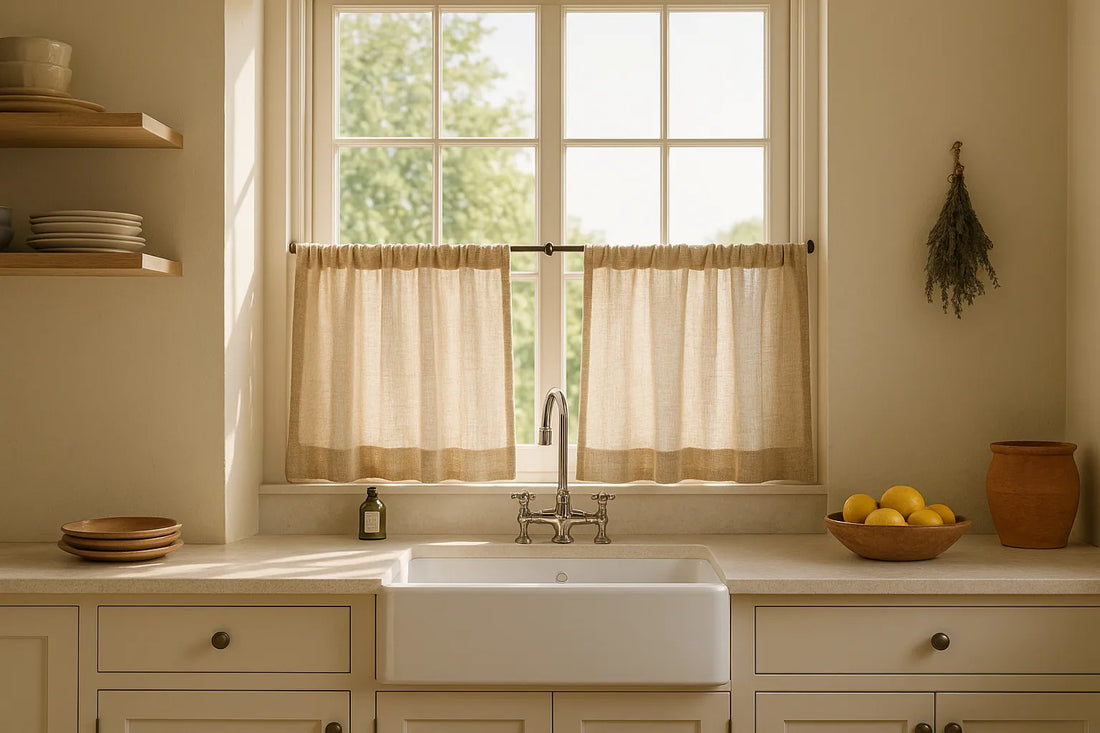 linen cafe curtains in a sunlit traditional kitchen with farmhouse sink