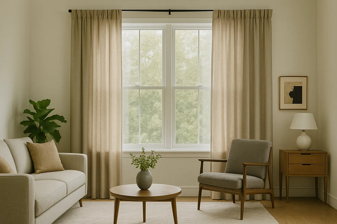 Cover photo of a sunlit living room with custom linen drapes, neutral furniture, and soft greenery accents.