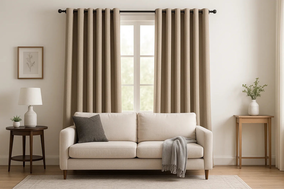 cozy living room with thermal curtains filtering natural daylight