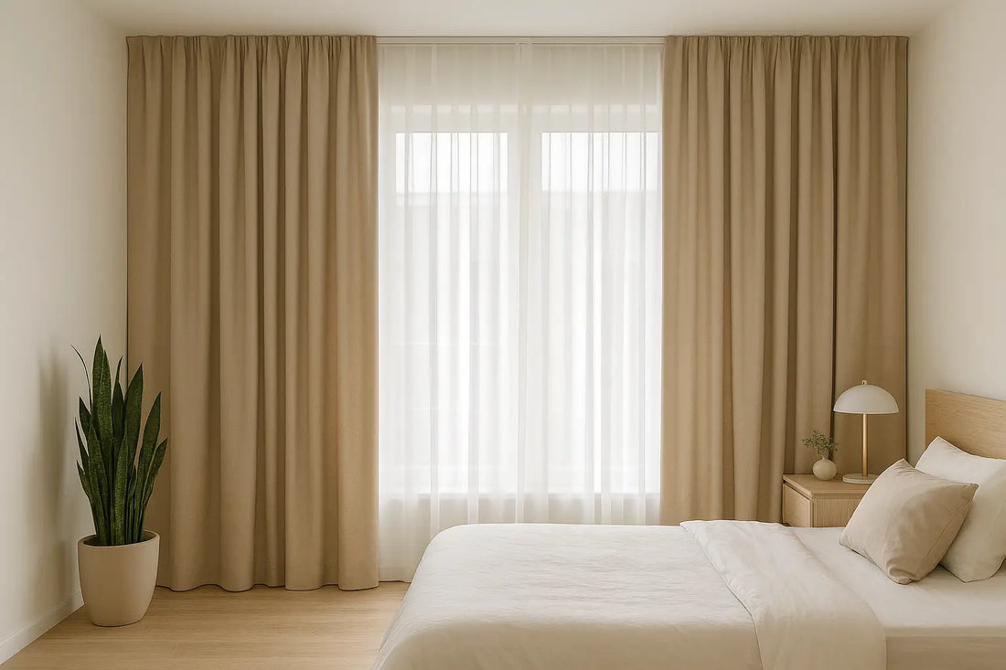 Custom cotton drapes in a minimalist bedroom with natural light, light wood furniture, and soft neutral décor