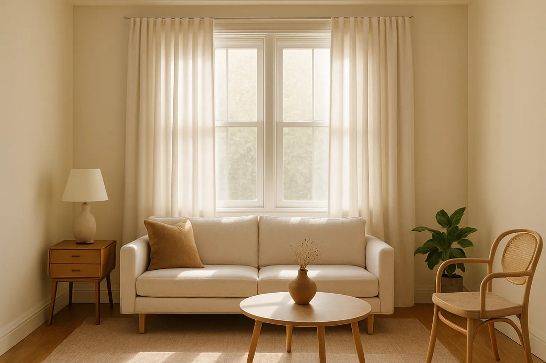Sunlit living room with custom cotton drapes framing a modern beige sofa