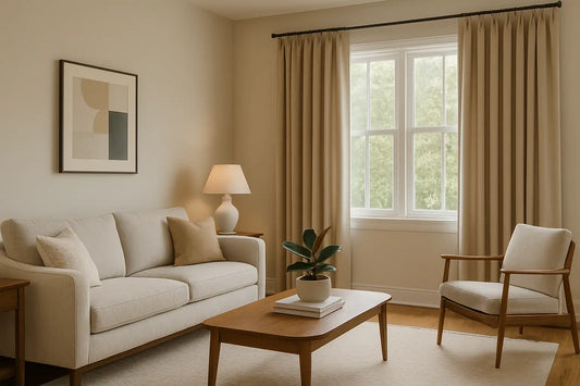 Living room with beige custom cotton drapes framing large windows and modern neutral furniture