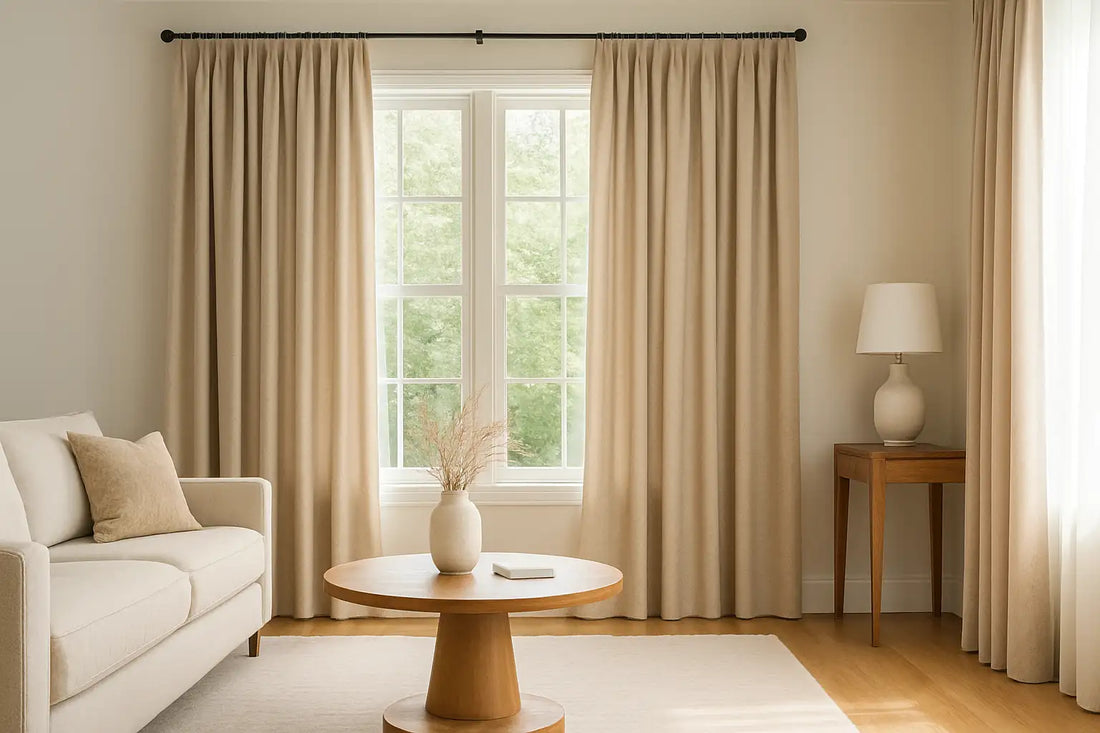 living room with custom cotton drapes in soft beige framing large windows with natural light