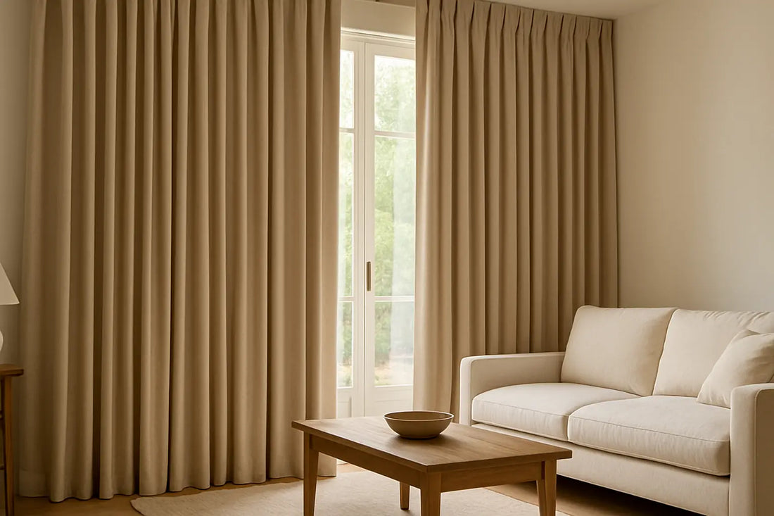 Living room with beige custom pleated drapes covering wide windows, neutral sofa and wooden coffee table in soft daylight.
