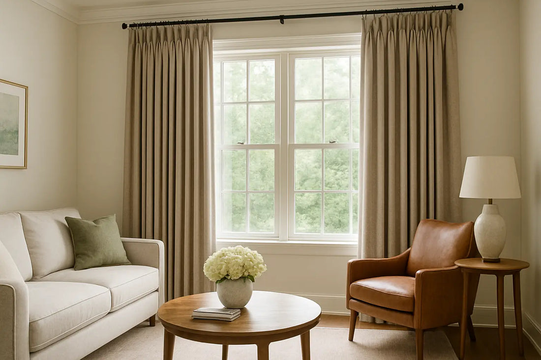 Custom pleated drapes in a bright living room with neutral sofa, leather armchair, and round coffee table filtering daylight