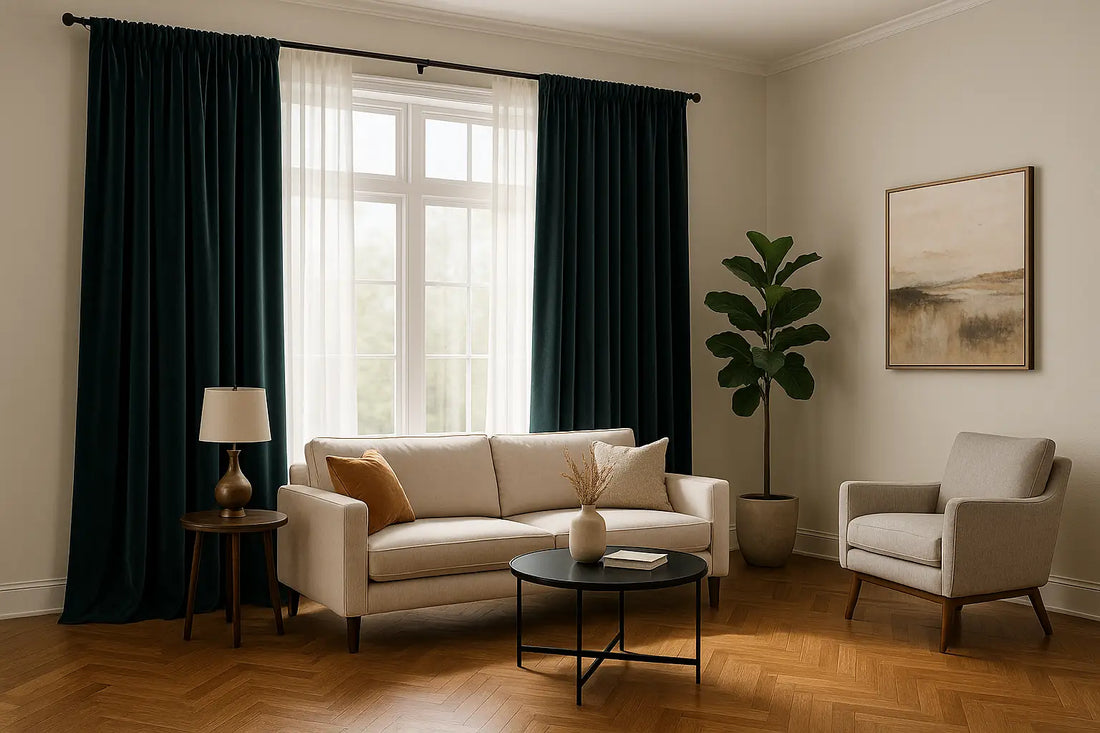 luxury living room with dark teal custom velvet drapes and sheer curtains behind a beige sofa