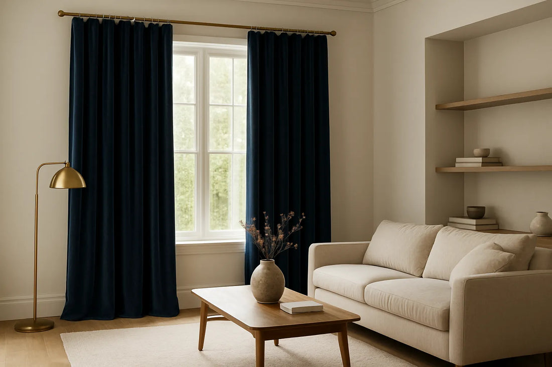 Living room with navy velvet drapes on a large window, beige sofa, wooden coffee table, brass floor lamp, and minimalist shelving