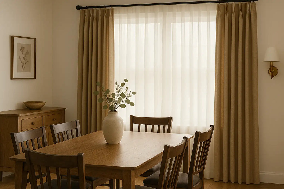 Dining room with wooden table and chairs, soft beige drapes filtering daylight for a warm inviting look