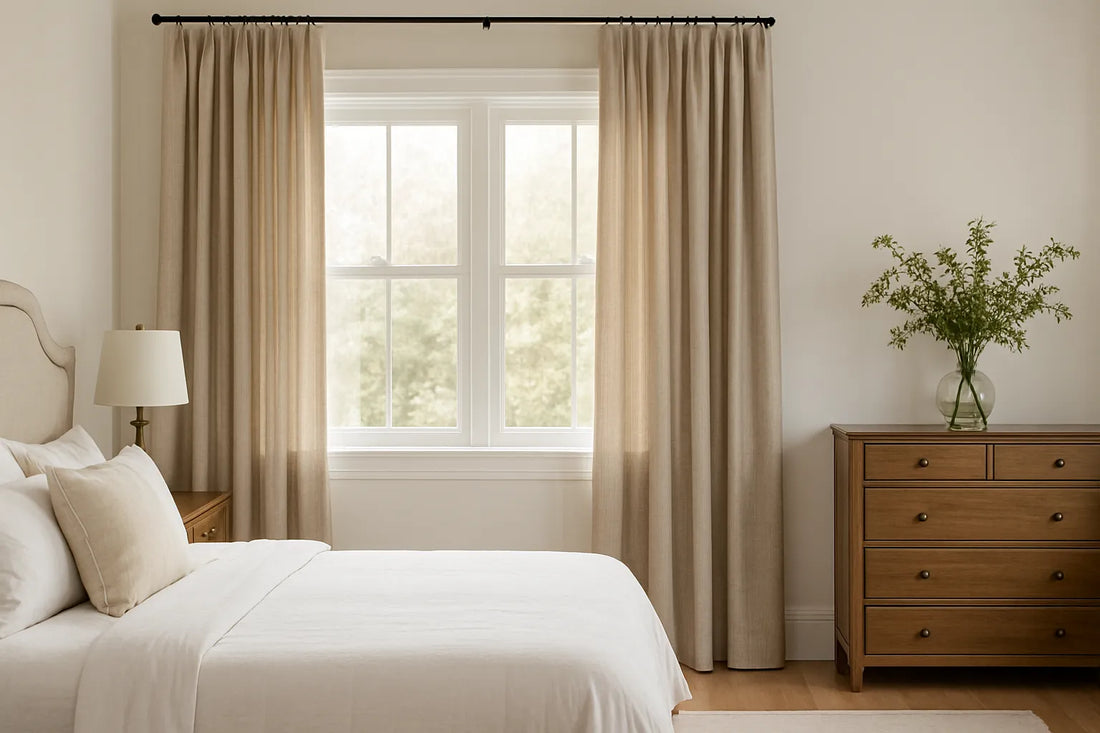 Bedroom with beige soft drapes on a wide window, upholstered bed with beige linens, brass lamp, wooden nightstand, and dresser with greenery