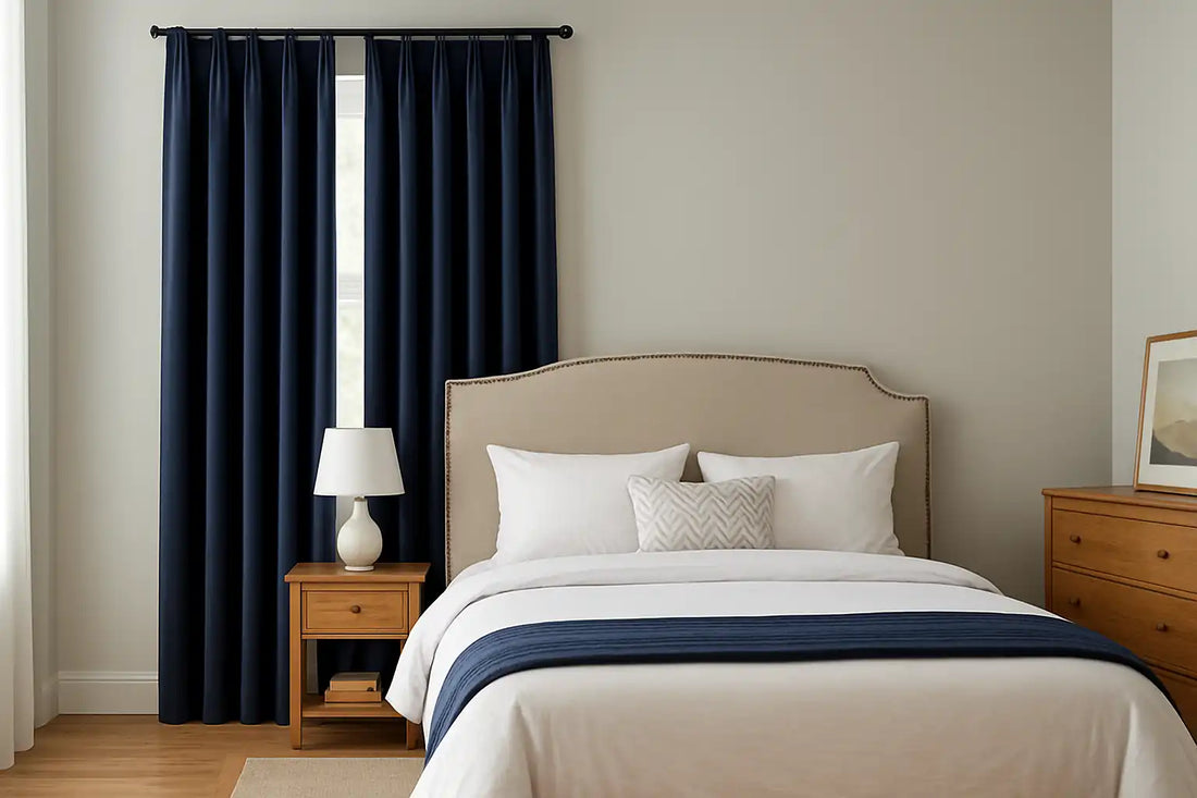 bedroom with navy blue blackout drapes, beige headboard, and wooden furnitur