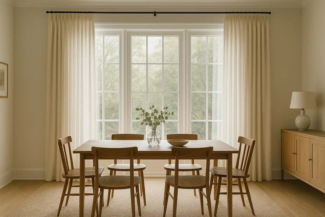 dining room with elegant pleated drapes and warm natural lighting