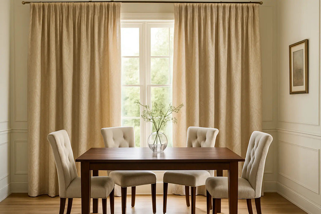 Dining room with soft beige drapes, dark wooden table, upholstered chairs, and natural light for an elegant atmosphere