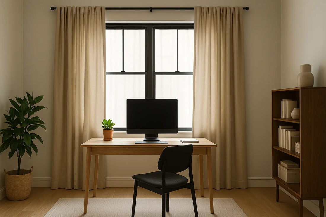 modern home office with beige drapes filtering natural daylight