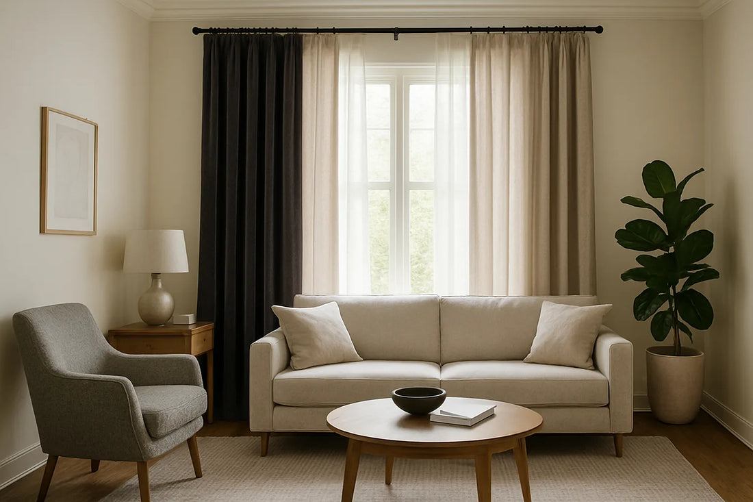 contemporary living room with layered drapes in beige and dark tones, adding softness and balance to modern decor