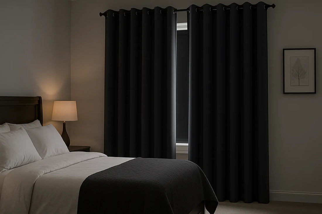 cozy bedroom with blackout grommet drapes and soft lighting