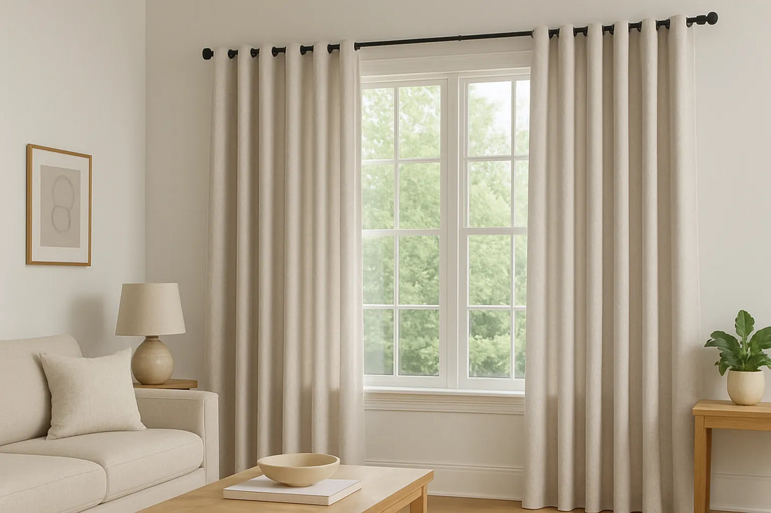 serene living room with off-white grommet drapes framing a large window