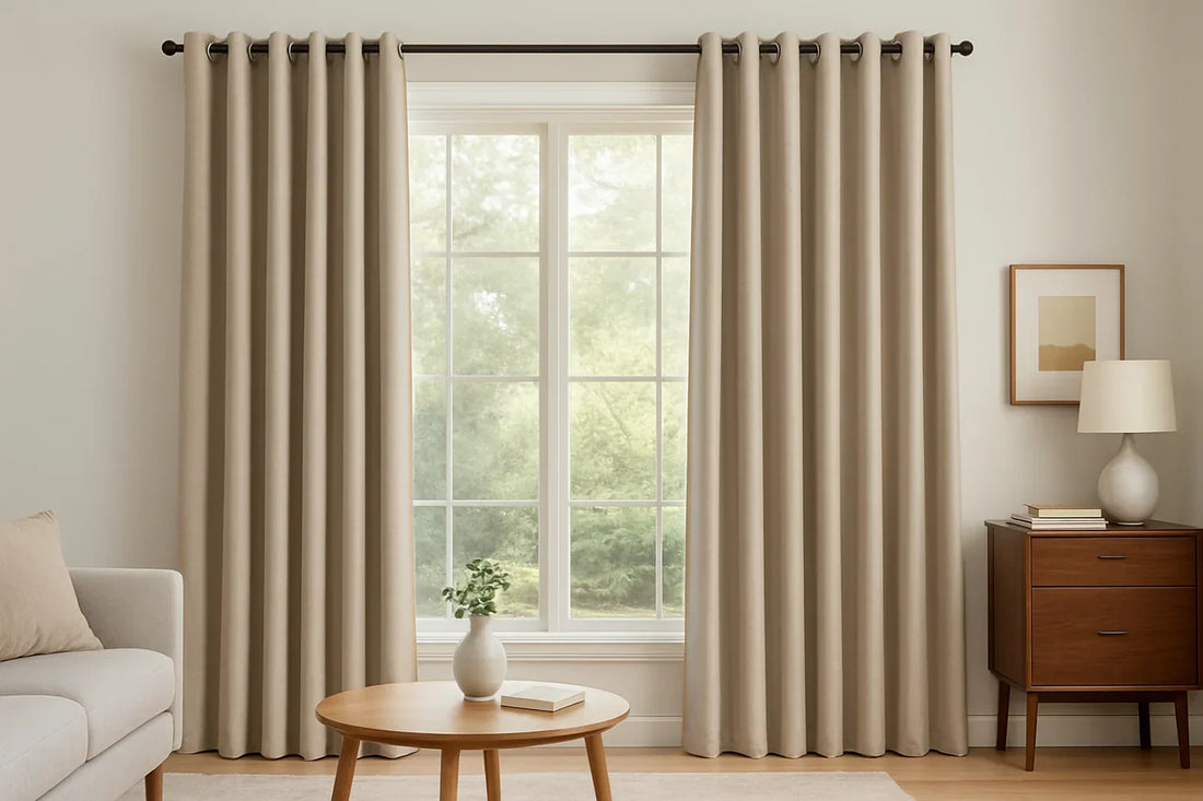 modern living room with beige grommet drapes and minimalist furniture