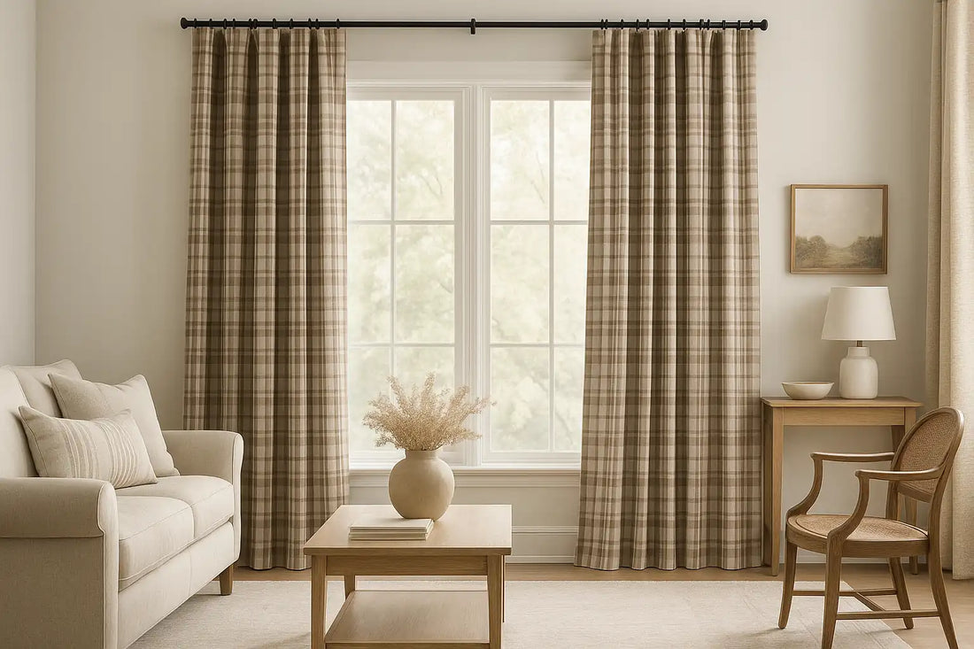 Living room with plaid-striped-curtains framing wide windows, soft natural light enhancing neutral furniture.
