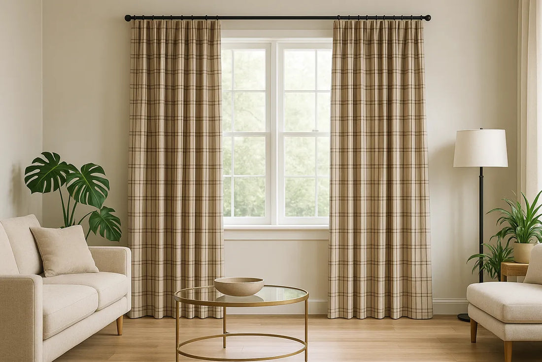 Modern living room with beige plaid curtains on a large window, neutral sofa, brass coffee table, floor lamp, and green plants