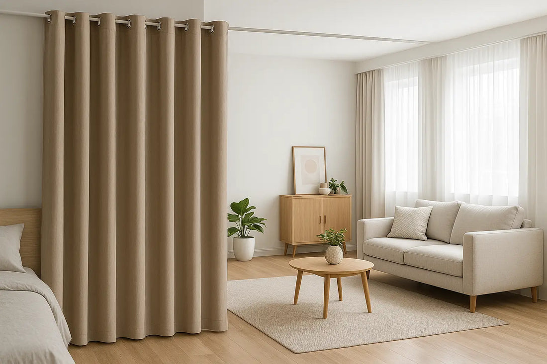 Beige room divider curtain separating a modern living room from a cozy bedroom in a minimalist apartment