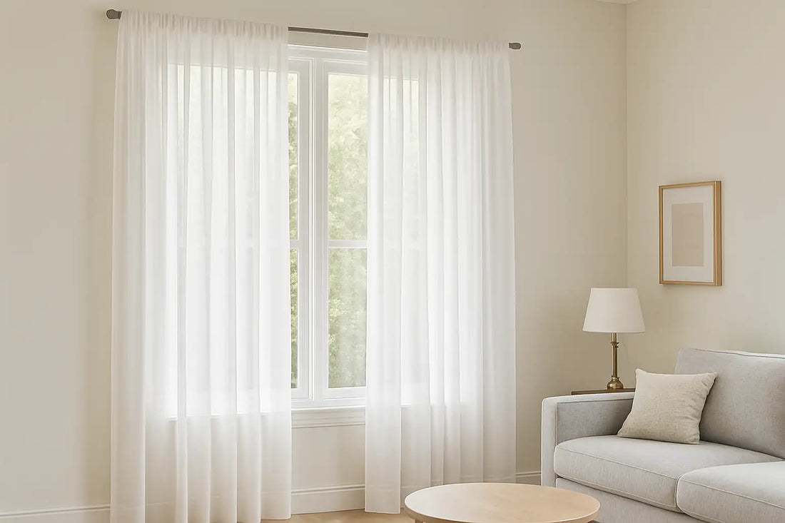 Living room with sheer white drapes diffusing sunlight, gray sofa, wooden coffee table, and brass lamp