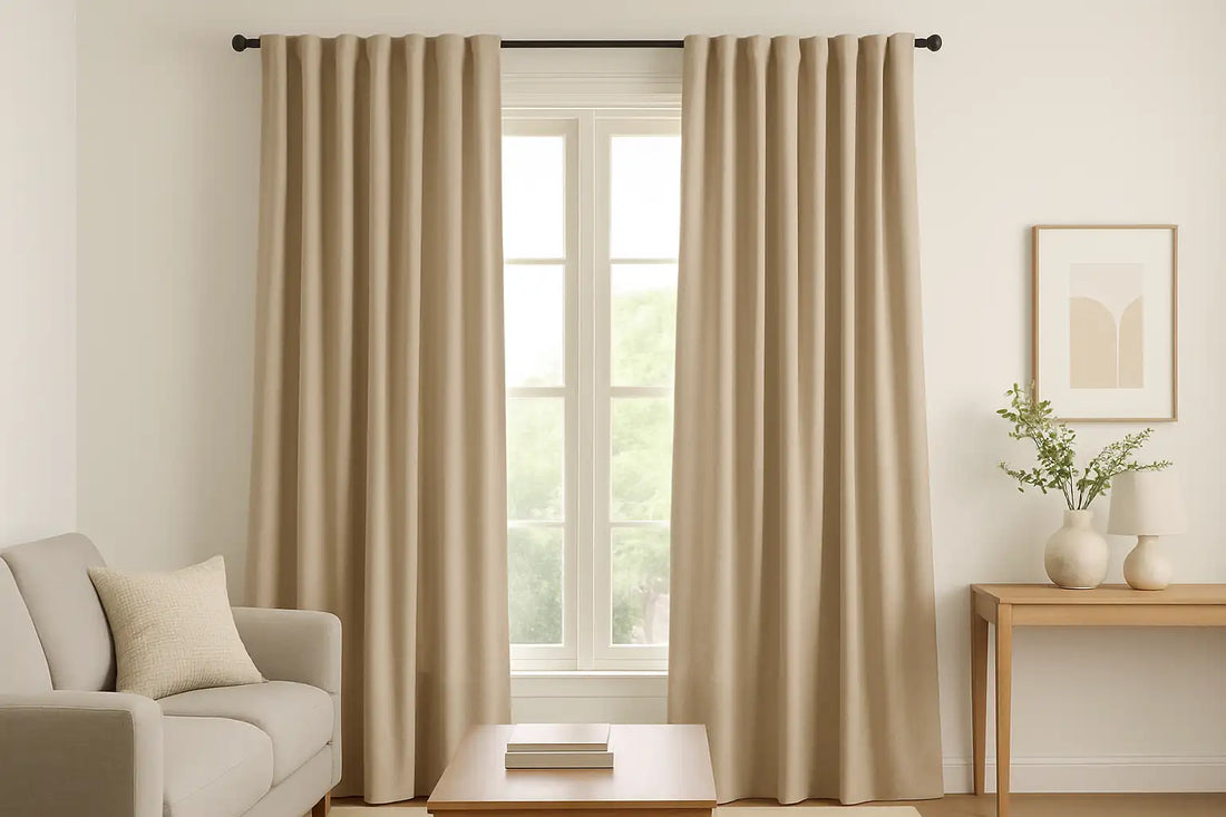 iving room with beige soft-top drapes framing tall windows, creating a relaxed and elegant atmosphere with natural light
