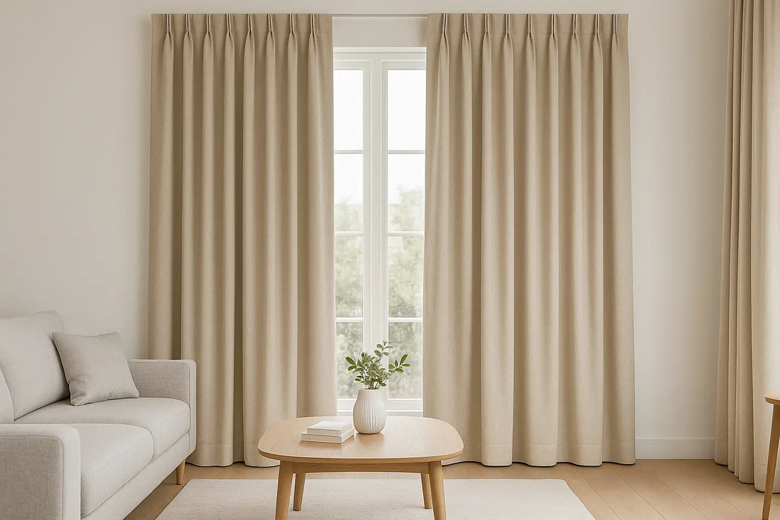 Beige solid curtains in a minimalist living room with a gray sofa, wooden table, and soft daylight filtering through