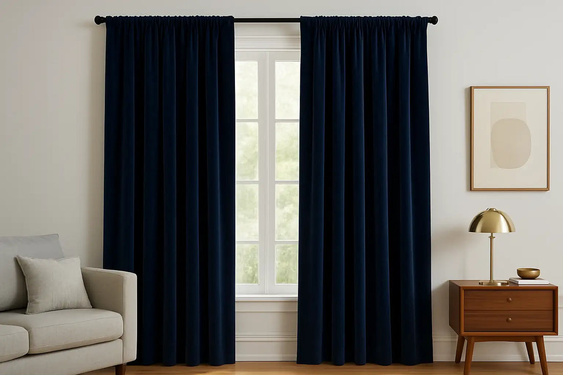 Living room with navy velvet drapes framing a window, gray sofa, and wooden side table with brass lamp