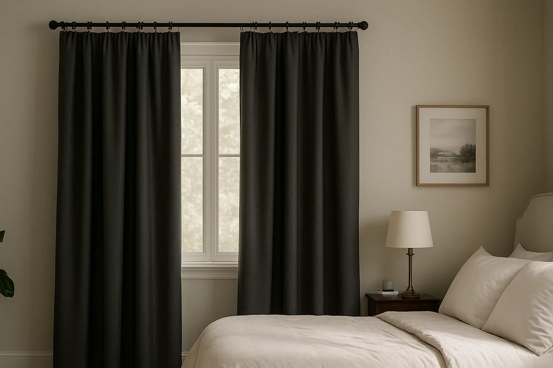 bedroom with blackout curtains drawn across window, creating a calm and light-blocking environment