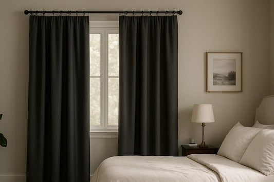 bedroom with blackout curtains drawn across window, creating a calm and light-blocking environment