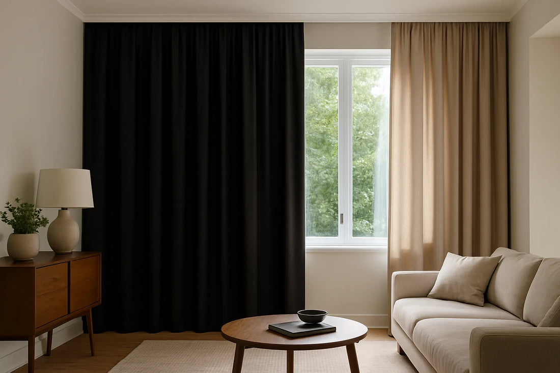 contemporary living room with blackout curtains partially opened to reveal natural light