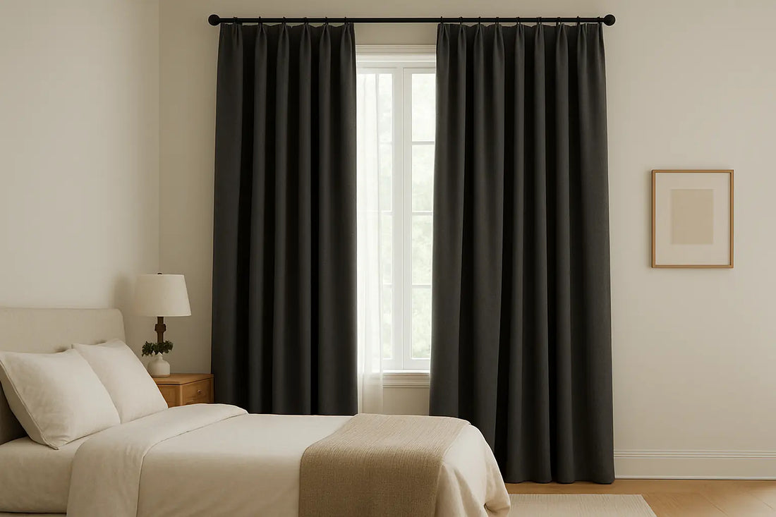 modern bedroom with charcoal blackout curtains and minimalist decor