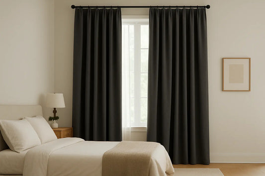modern bedroom with charcoal blackout curtains and minimalist decor
