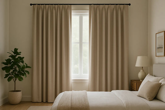 Serene bedroom with beige blackout curtains fully drawn, soft daylight creating a calm atmosphere