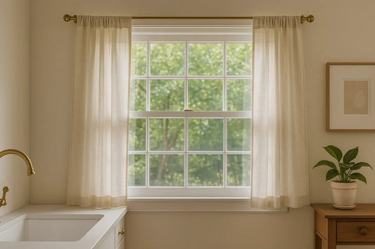 cover image of sunlit room with linen cafe curtains on window