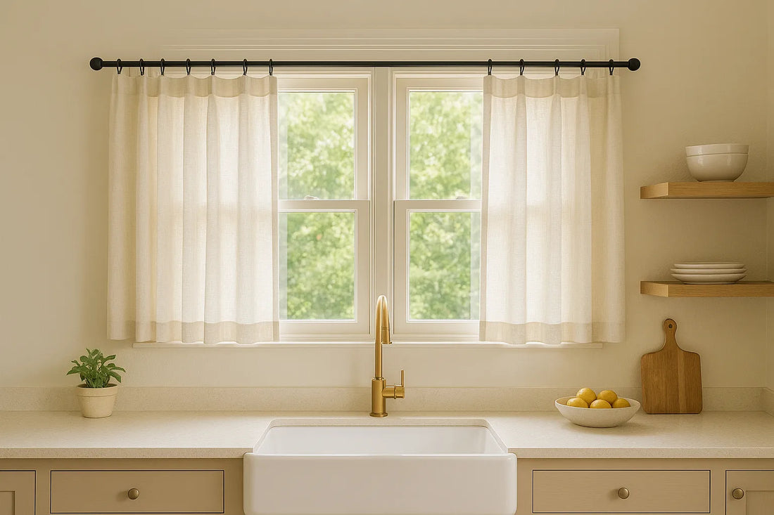 sunlit kitchen with off-white cafe-curtains above brass faucet farmhouse sink