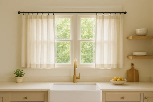 sunlit kitchen with off-white cafe-curtains above brass faucet farmhouse sink