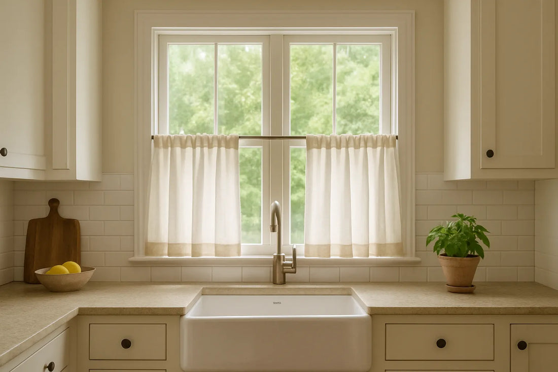 Bright farmhouse kitchen with cafe curtains filtering daylight above a farmhouse sink