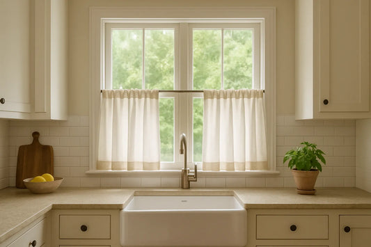 Bright farmhouse kitchen with cafe curtains filtering daylight above a farmhouse sink