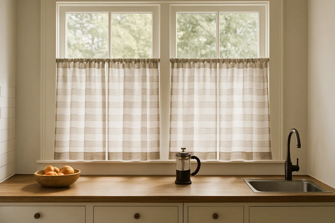Horizontal kitchen with striped linen cafe curtains, soft daylight, wooden counter with fruit bowl and French press.