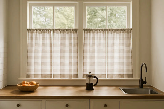 Horizontal kitchen with striped linen cafe curtains, soft daylight, wooden counter with fruit bowl and French press.