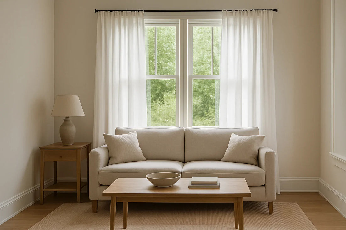 Living room with beige sofa, oak coffee table, and sheer white cafe curtains framing a large window with natural daylight.
