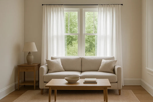 Living room with beige sofa, oak coffee table, and sheer white cafe curtains framing a large window with natural daylight.