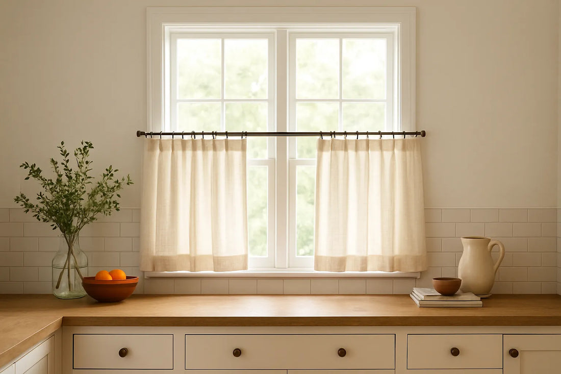 Bright kitchen window with cafe curtains and rustic wooden countertop