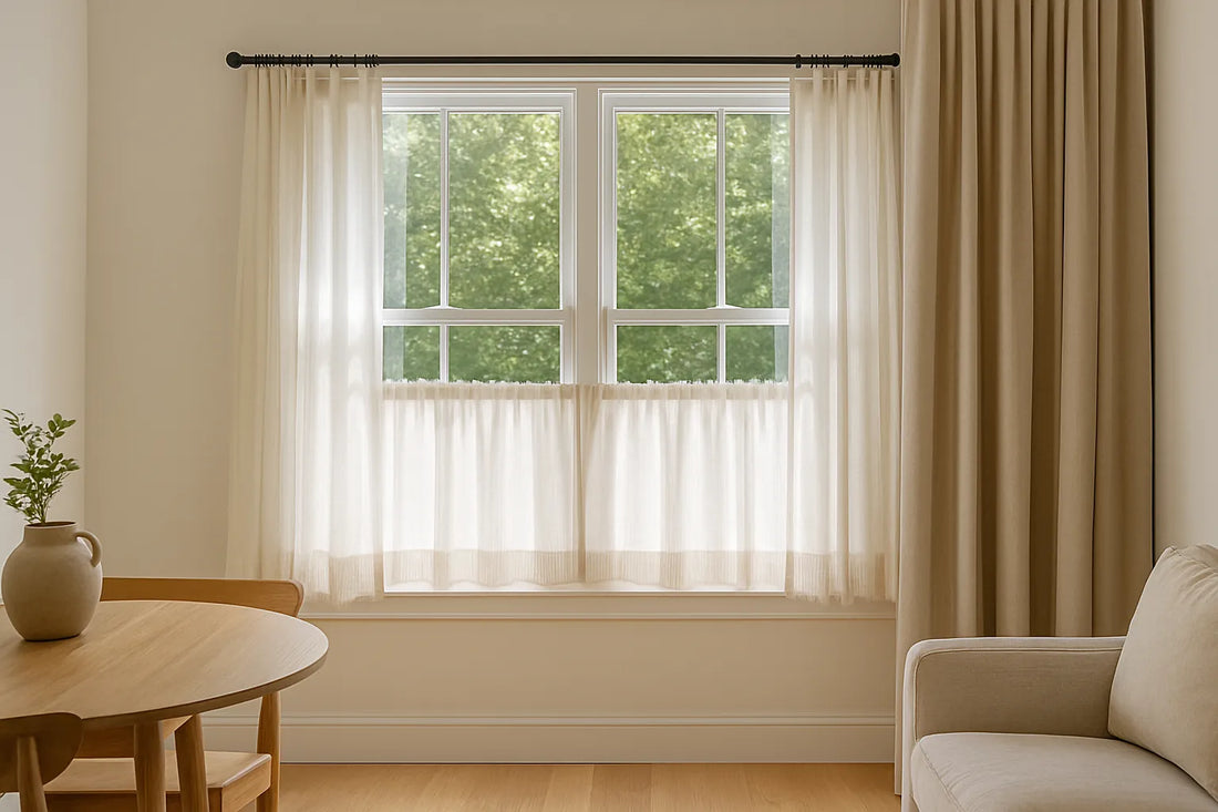 bright living room with cafe curtains on half-height windows filtering sunlight